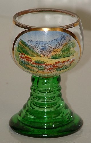 Small  Roemer
3" tall, hollow green stem. Applied picture of Engelberg (1000m) on one side of bowl. Unknown maker.
