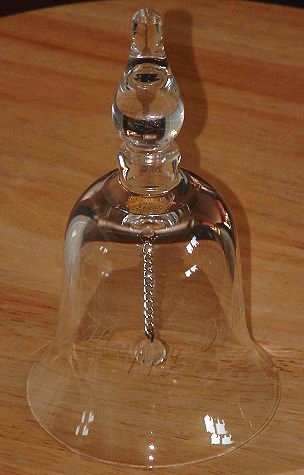  Clear bell engraved Happy Birthday
 Unknown maker. Has clear glass clapper.
Keywords: bell