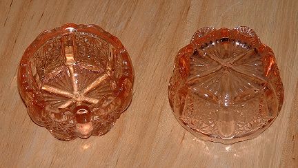 Davidson 1892 suite open salts (pair)
Pink.  RD no.  176566. Known as Lady Chippendale 
Keywords: Davidson pressed England