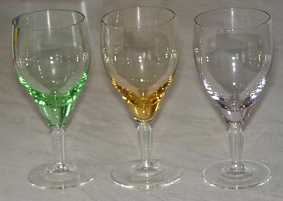 Small wine glasses (x3)
Coloured bowl, clear stem and foot. Unknown maker
