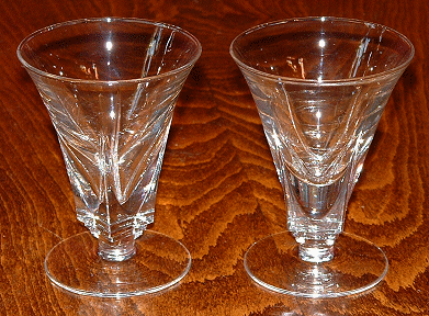 Cocktail glasses (x2)
Clear glass with squared-off base to the bowl. Unknown maker

