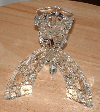 Libochovice pattern 1471  three legged candlestick
One of a pair. Part of a dressing table set.
Keywords: pressed