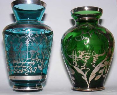 Italian silver overlay vases
The peacock blue one has a Pauly and Cie label
